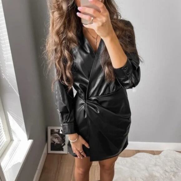 Zara Black Faux Leather Dress Faux Wrap Shirt Dress Lapel Collar Size Small - Picture 2 of 8
